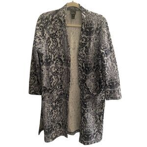 Clara Sun Woo Women’s Long Cardigan Medium Navy Blue Print Pockets Longline USA